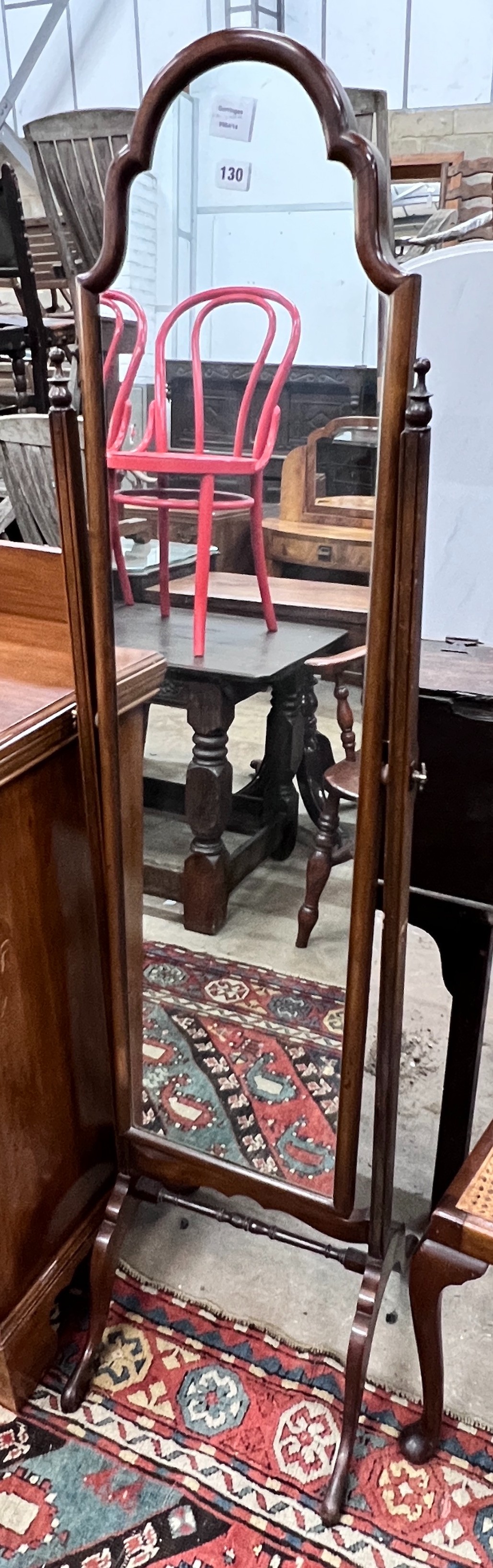 A cheval mirror, width 39cm, depth 45cm, height 159cm and a pair of chairs *Please note the sale commences at 9am.